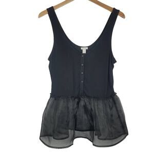 Hinge | Black Tank Top with Sheer Bottom Ruffle Buttons Med
